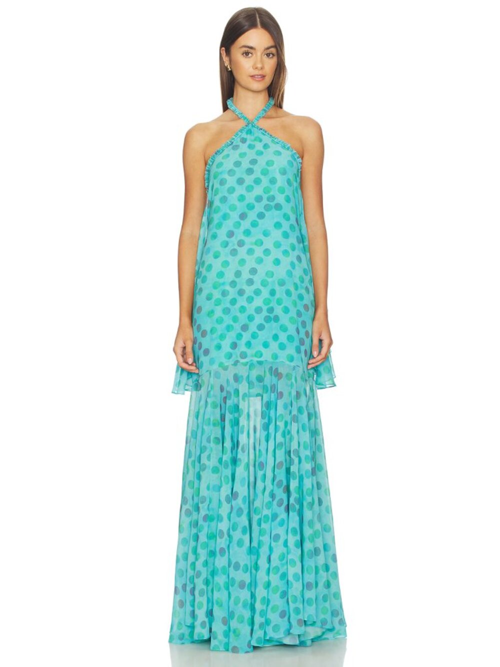 Alexis Eze Dress Amalfi Dot Teal Ruffle Maxi Gown Small NWT